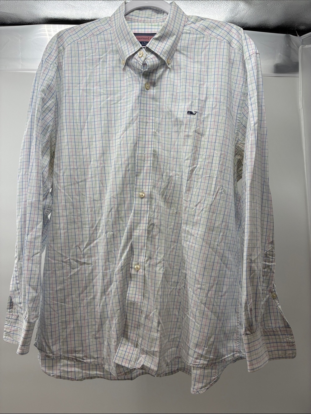 Vineyard Vines White Button-Down Shirt with Blue and Pink Windowpane Check